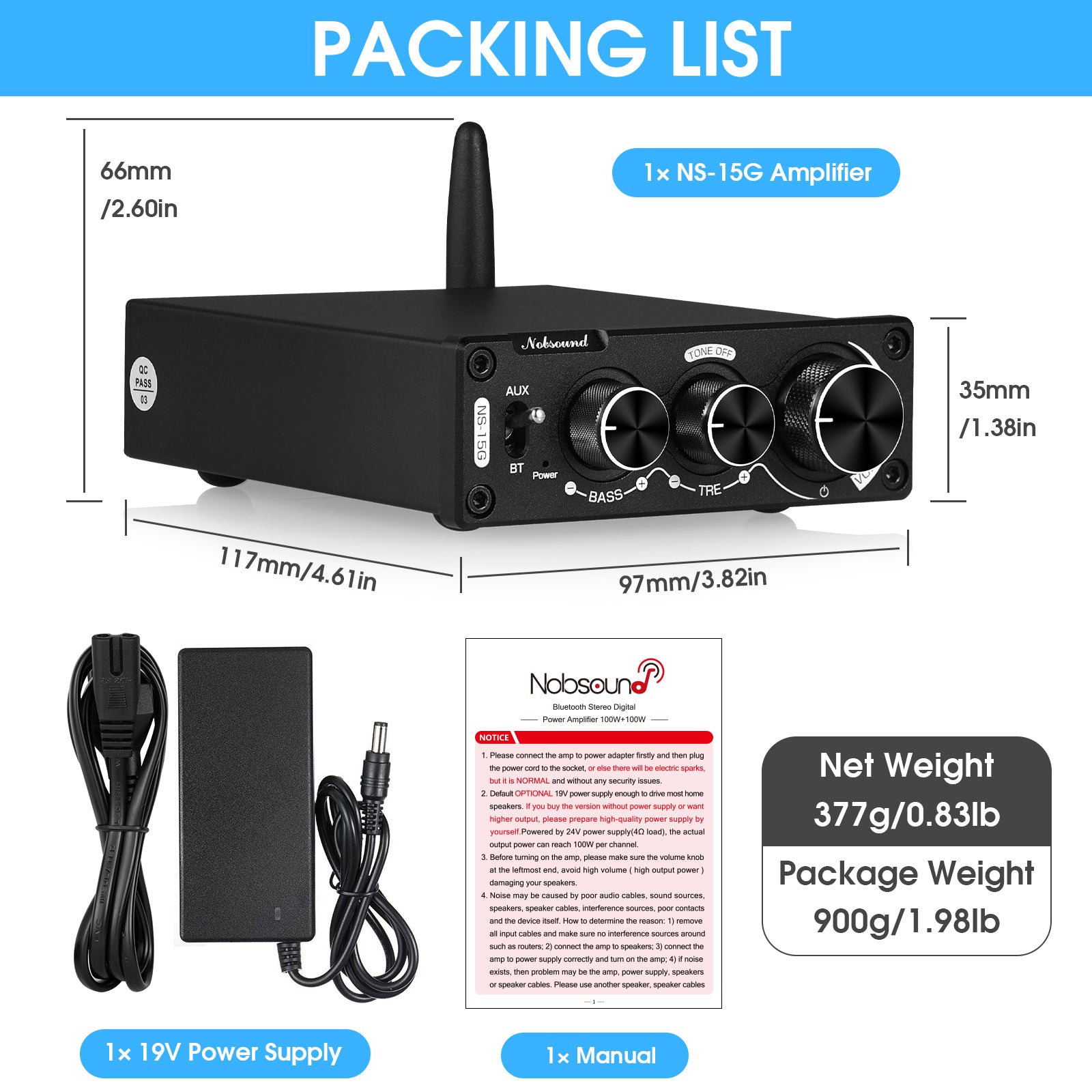 Nobsound NS-15G Mini Bluetooth 5.0 Digital Amplifier Receiver TPA3116 Stereo Audio Amp 100W+100W