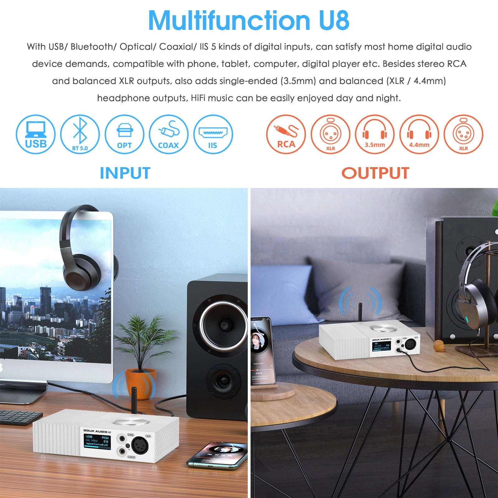 Douk Audio U8 HiFi Daul ES9038Q2M Bluetooth 5.0 Full Balanced Decoder XMOS USB DAC Amp DSD512 LDAC