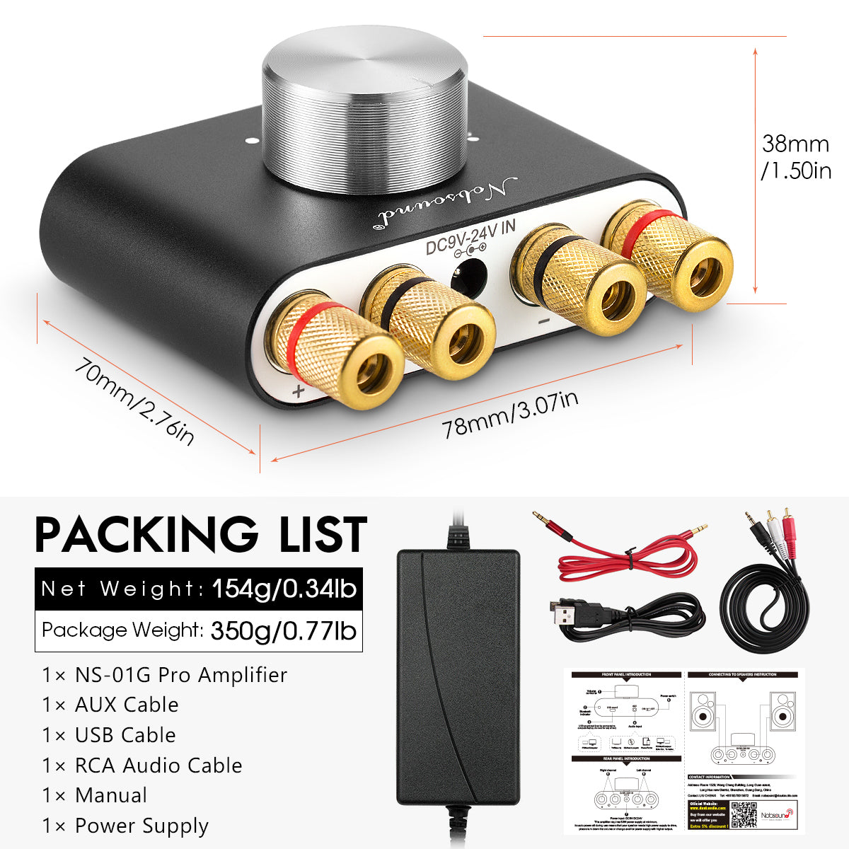 Nobsound NS-01G PRO Mini Bluetooth 5.0 Digital Amplifier USB Sound Card Stereo Audio Amp 50W+50W