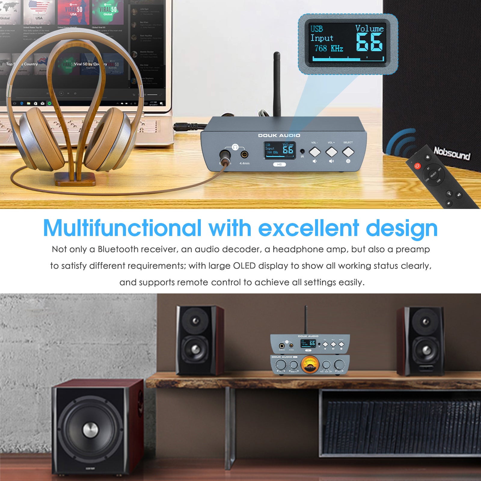 Douk Audio H6 HiFi S/PDIF USB DAC Preamp Bluetooth Receiver D/A Audio Converter Headphone Amp