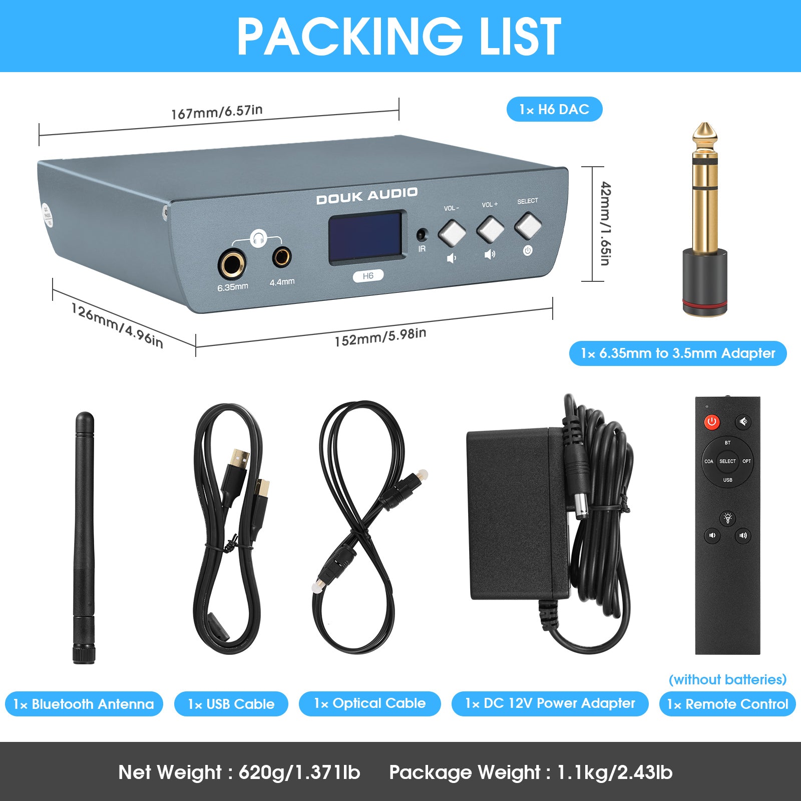 Douk Audio H6 HiFi S/PDIF USB DAC Preamp Bluetooth Receiver D/A Audio Converter Headphone Amp
