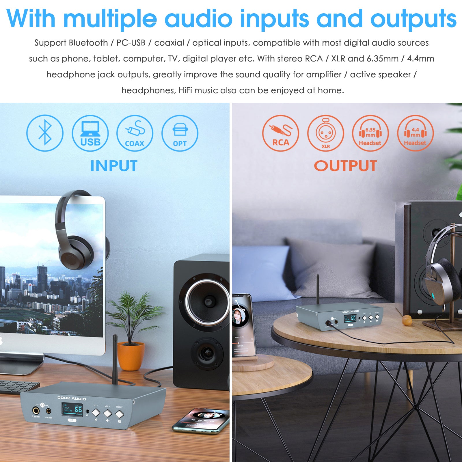 Douk Audio H6 HiFi S/PDIF USB DAC Preamp Bluetooth Receiver D/A Audio Converter Headphone Amp