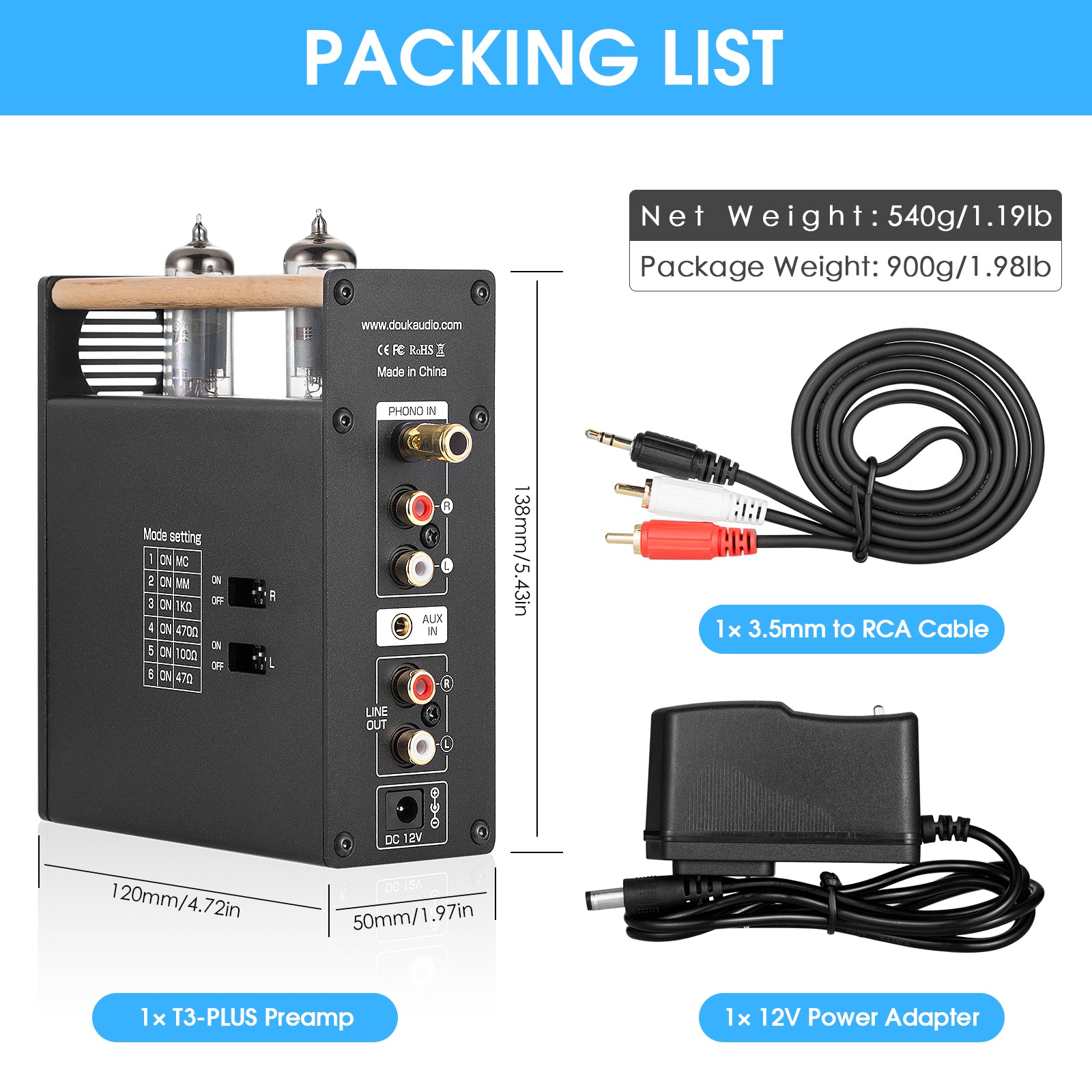Douk Audio T3 PLUS HiFi Vacuum Tube MM / MC Phono Preamp Stereo Audio Pre-Amplifier Headphone Amp