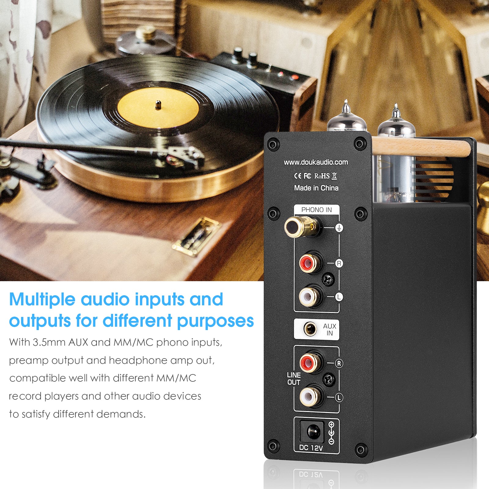 Douk Audio T3 PLUS HiFi Vacuum Tube MM / MC Phono Preamp Stereo Audio Pre-Amplifier Headphone Amp