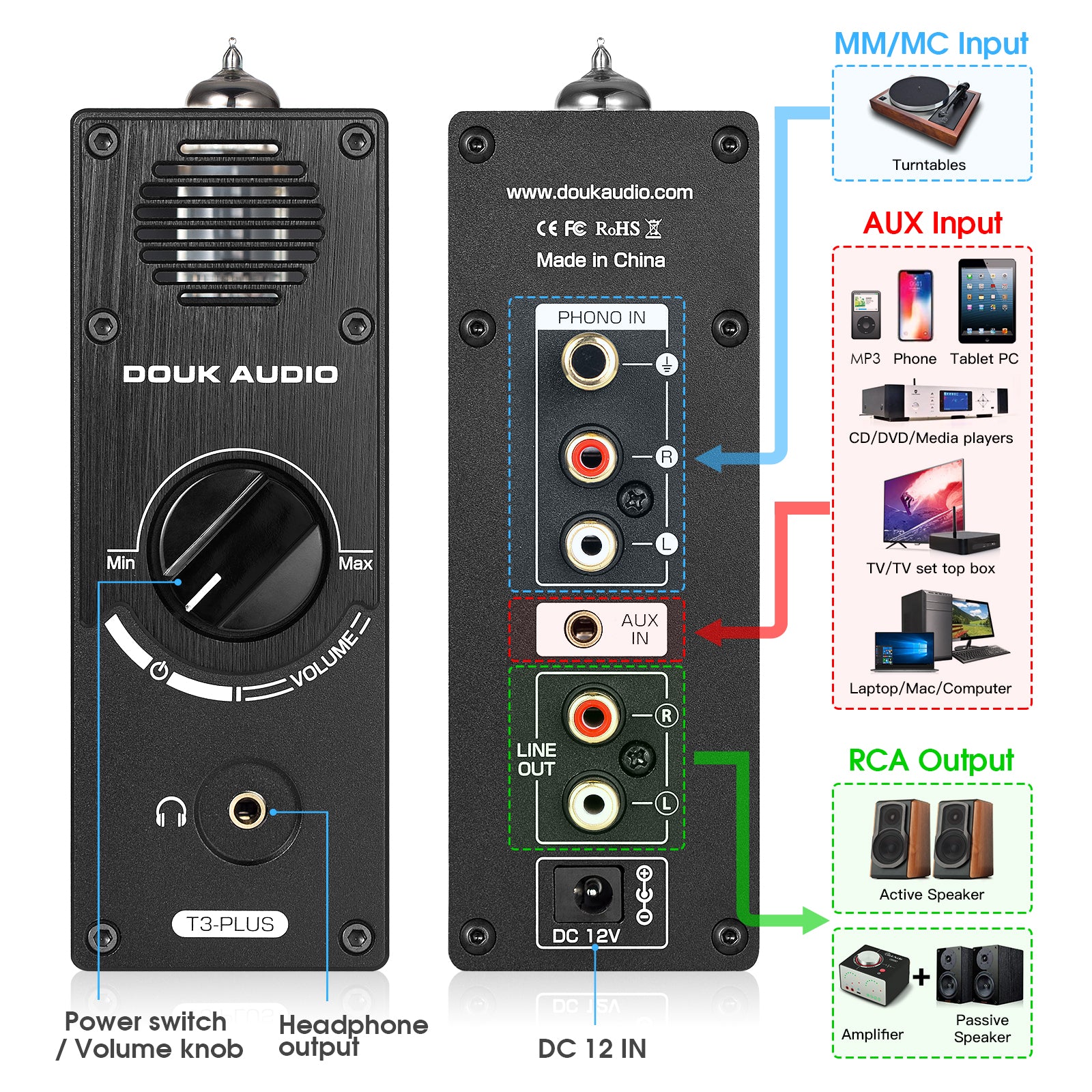 Douk Audio T3 PLUS HiFi Vacuum Tube MM / MC Phono Preamp Stereo Audio Pre-Amplifier Headphone Amp