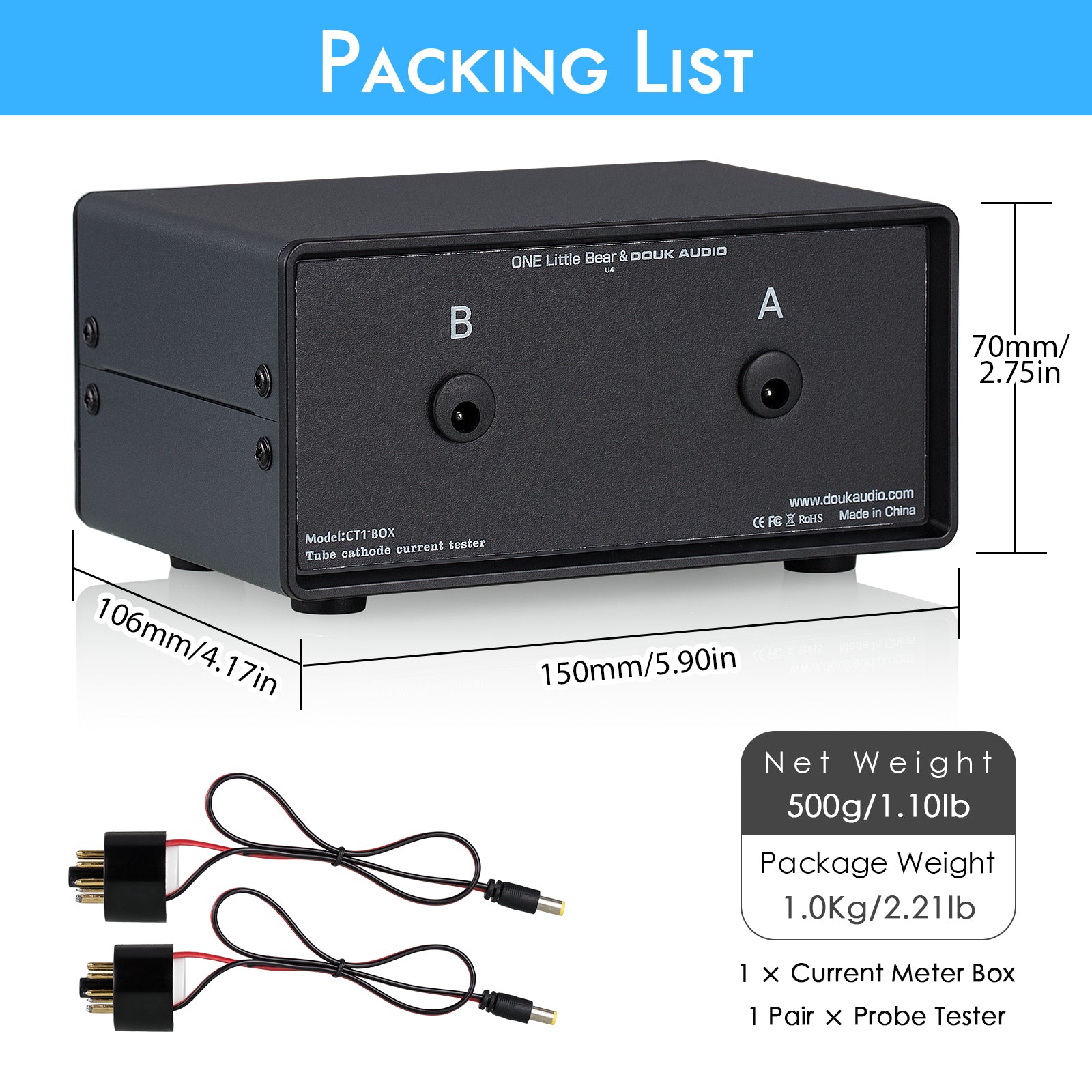 Douk Audio CT1-BOX 8-Pin Dual Bias Current Probes Tester w/VU Meter for EL34 KT88 6L6 6V6 6550 KT66 Tube
