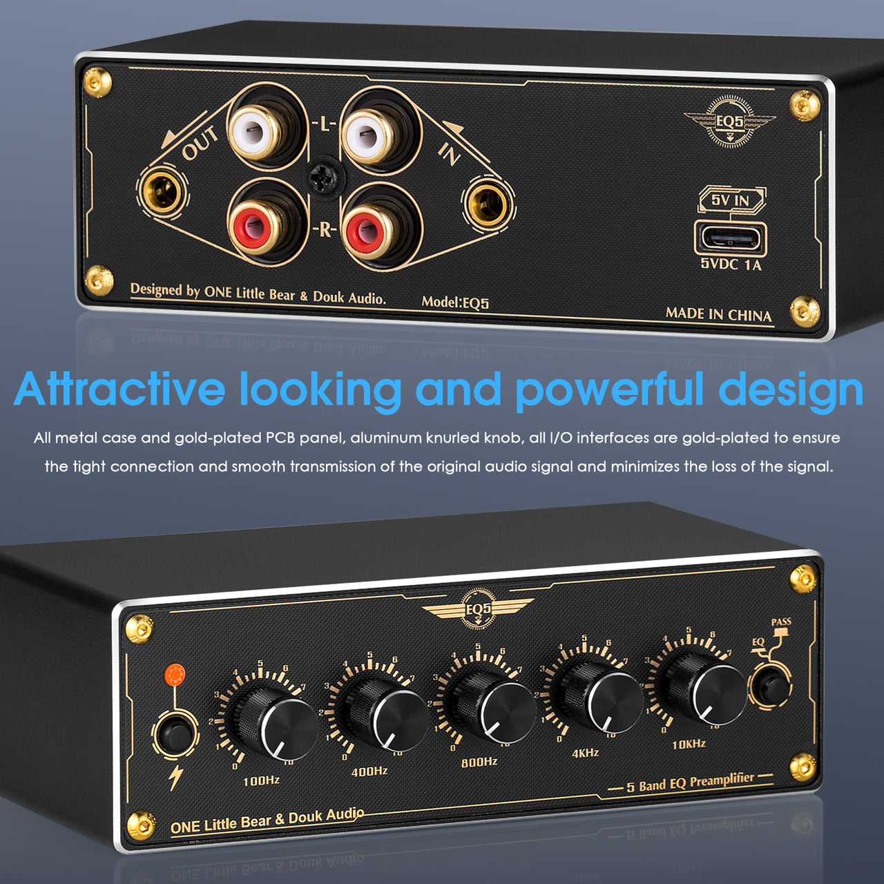 Douk Audio EQ5 – Mini Preamplificatore EQ A 5 Bande Analogico, Stereo, Portatile Per Auto E Casa, Con Bypass E Alimentazione USB-C