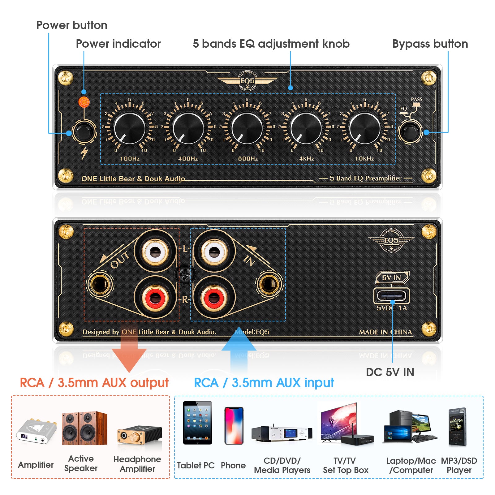 Douk Audio EQ5 Mini 5-Band EQ Preamp Equalizer Stereo Home/Car Audio Processor