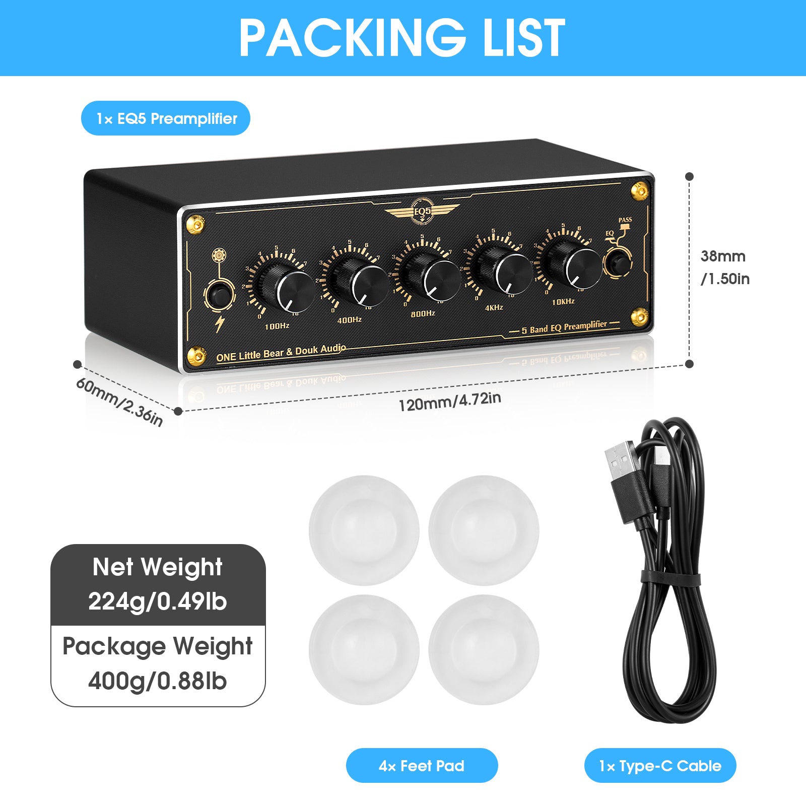 Douk Audio EQ5 Mini 5-Band EQ Preamp Equalizer Stereo Home/Car Audio Processor