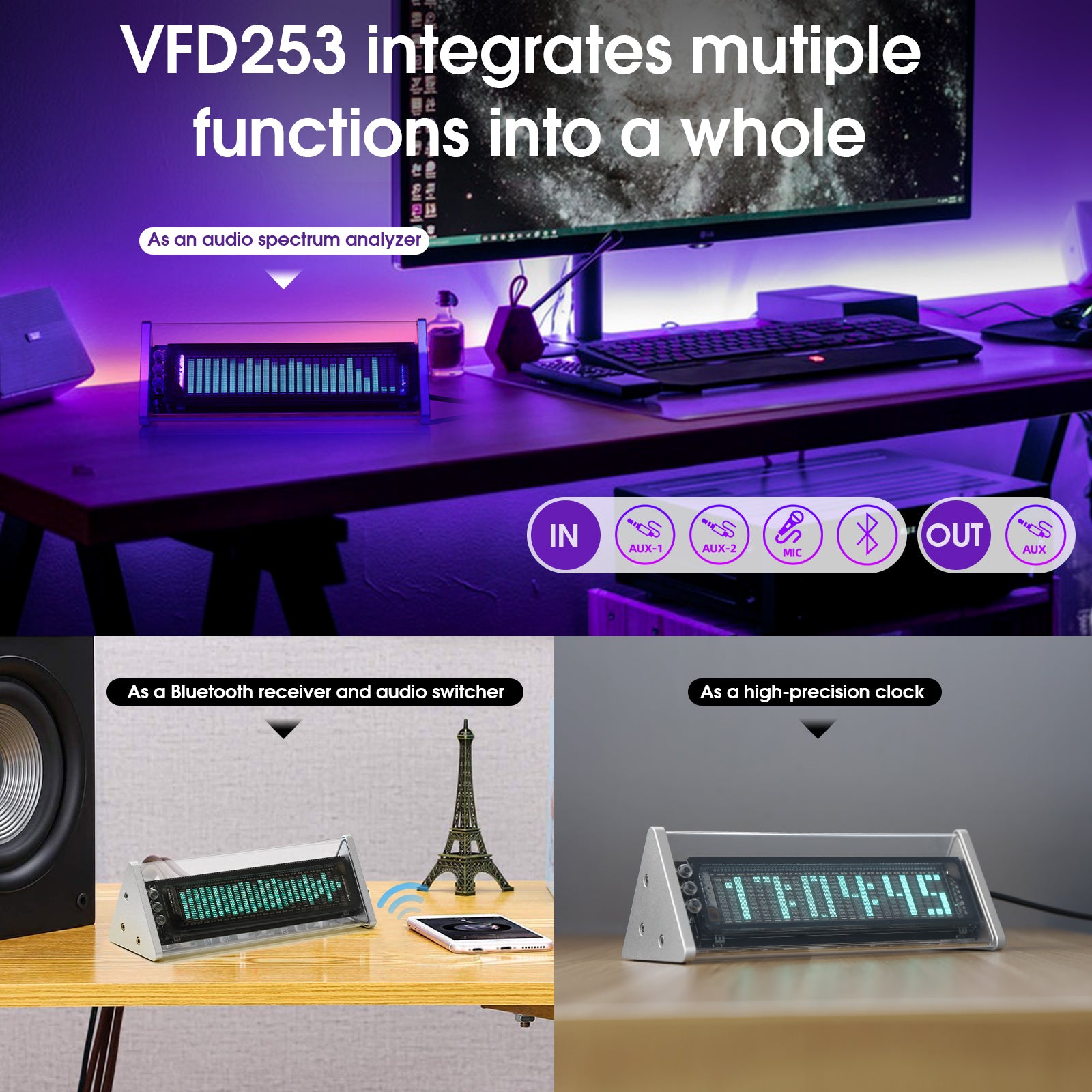 Douk Audio VFD253 3.5mm AUX Switcher Box VFD Audio Analyser Bluetooth 5.0 Receiver Home Desk Clock