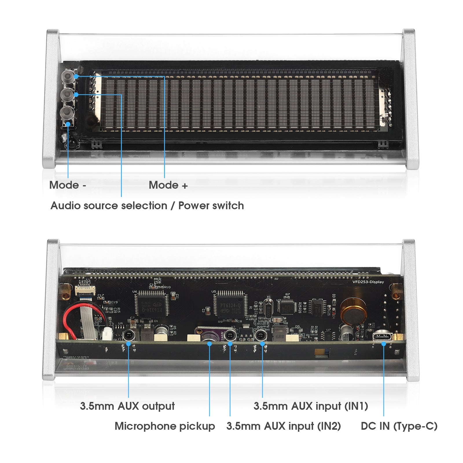 Douk Audio VFD253 3.5mm AUX Switcher Box VFD Audio Analyser Bluetooth 5.0 Receiver Home Desk Clock